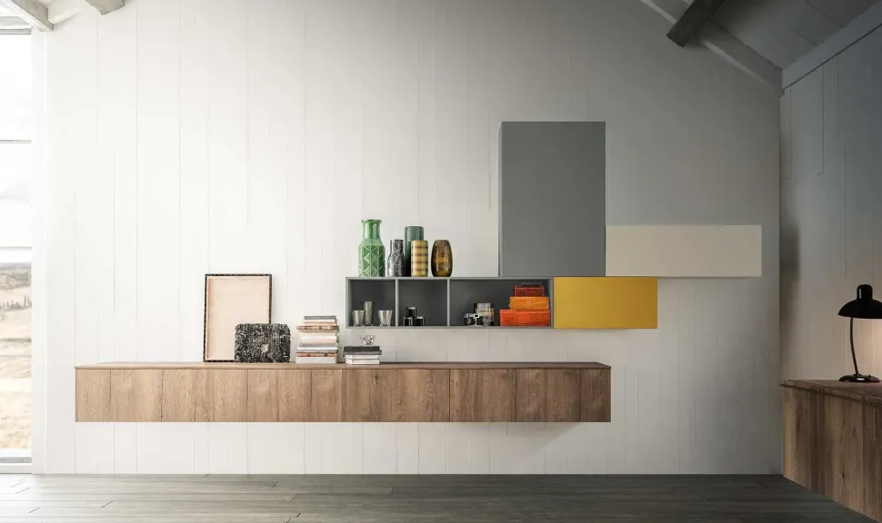 Parete attrezzata Composizione soggiorno laccato e impiallaciato legno di Alf da fre in OFFERTA OUTLET